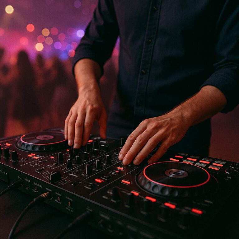 DJ legt mit beleuchtetem Controller vor einer tanzenden Menschenmenge auf