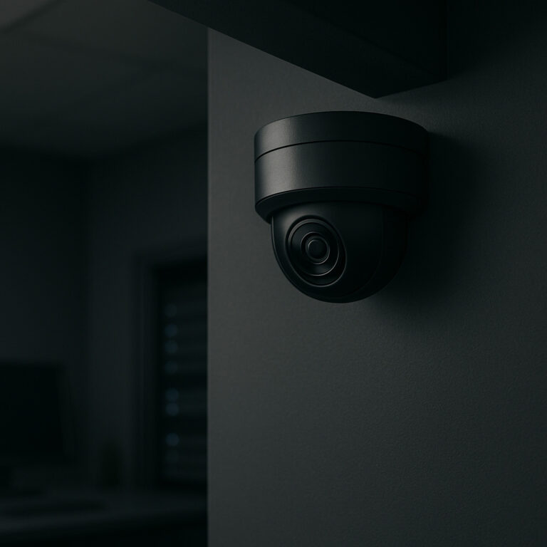 Schwarze Überwachungskamera in Dome-Bauform an einer Wand