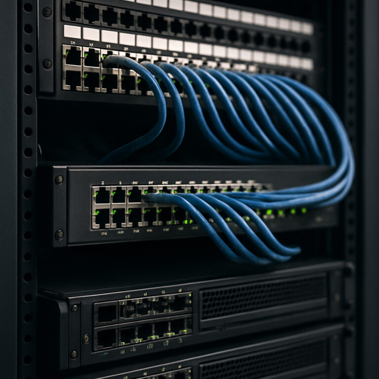 Netzwerk-Rack mit Switches, Patchpanels und aktiven Netzwerkkabeln